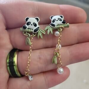 Adorable Panda On Bamboo Dangling Asymmetrical Post Earrings